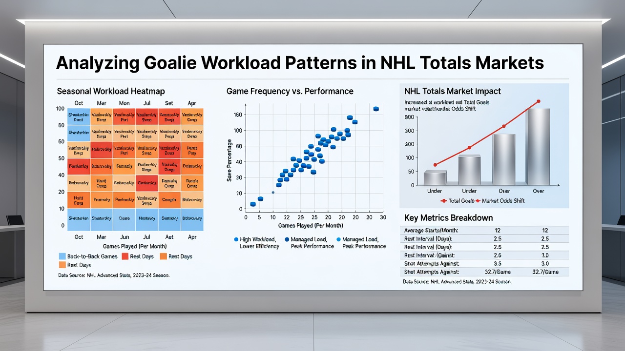 Detailed NHL game statistics dashboard showing goalie workload and totals trends